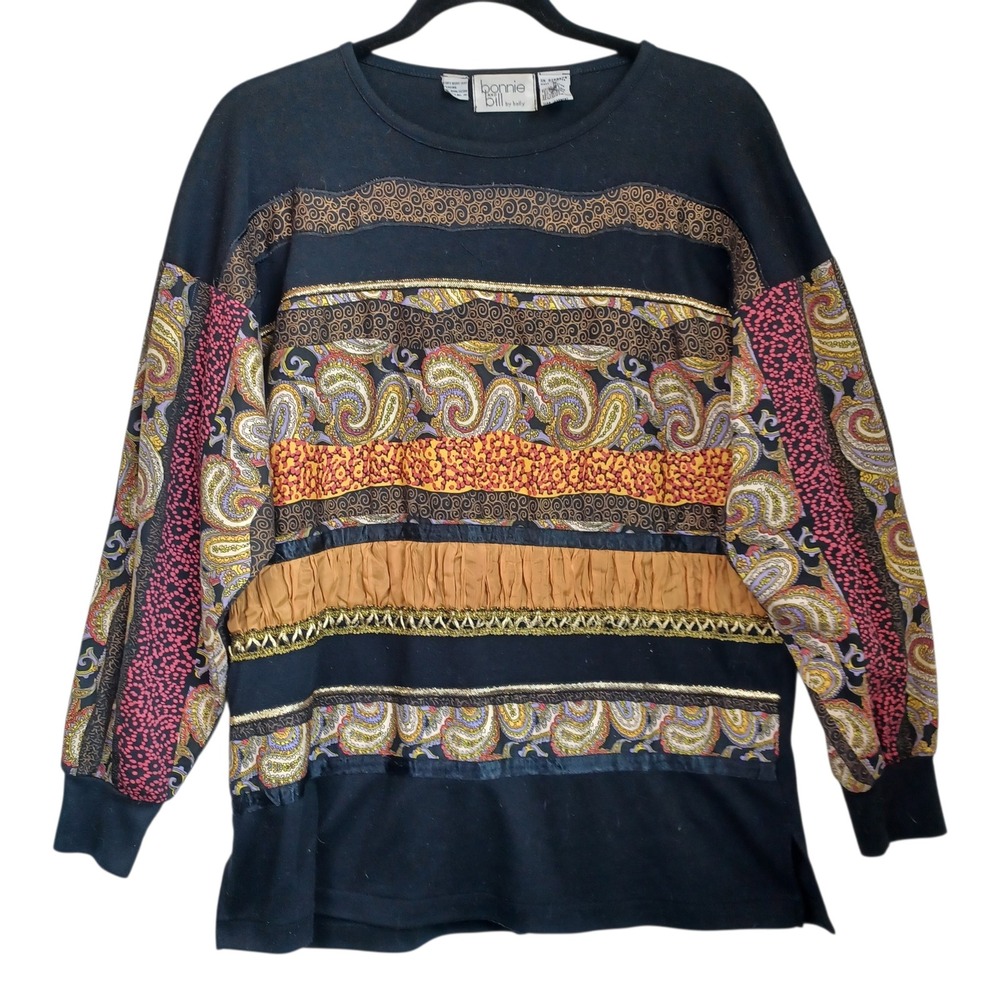 Vintage‎ Bonnie and Bill by Holly 90s Mixed Media Paisley Metallic Top Black S